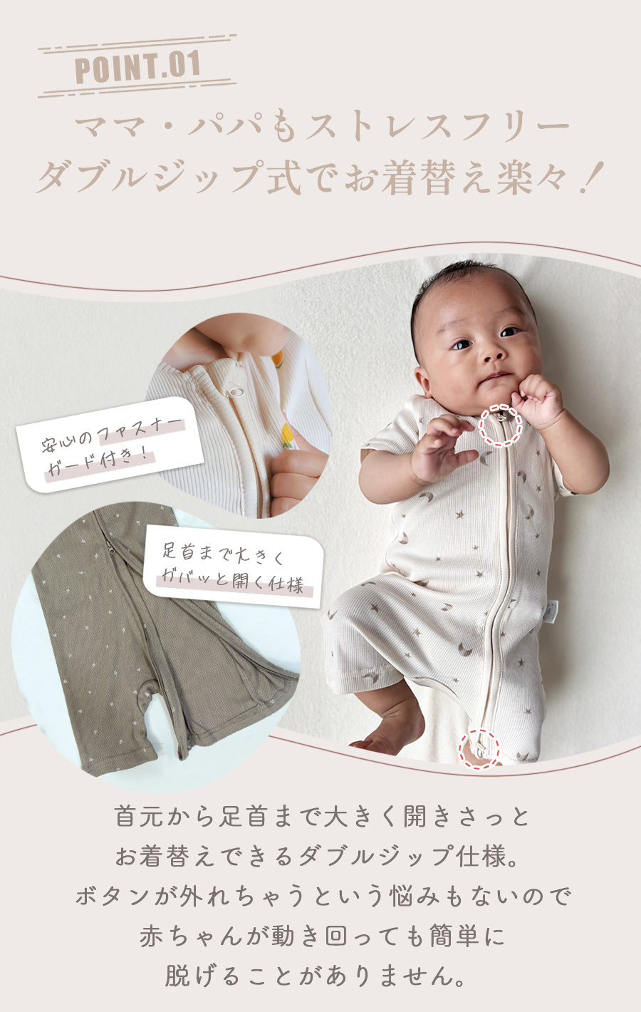 ダブルジッパー半袖ロンパース