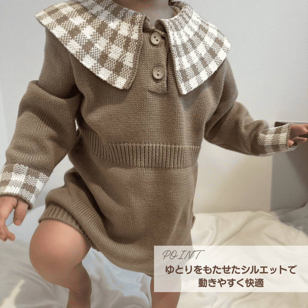 pupチェックニットロンパース